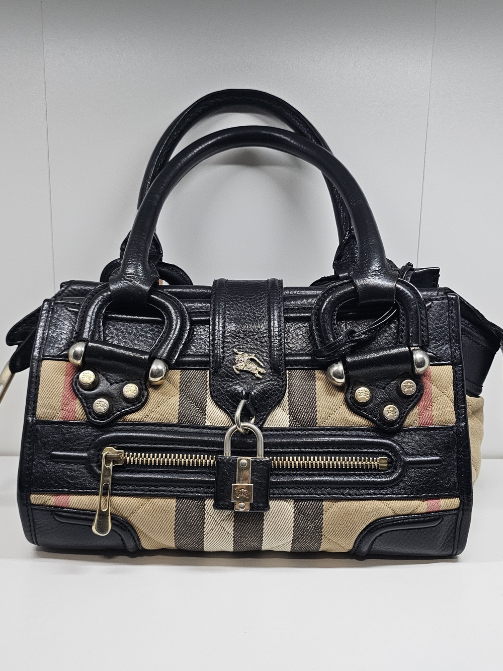Burberry Black Leather-Trim Beige Plaid Satchel with Gold Hardware